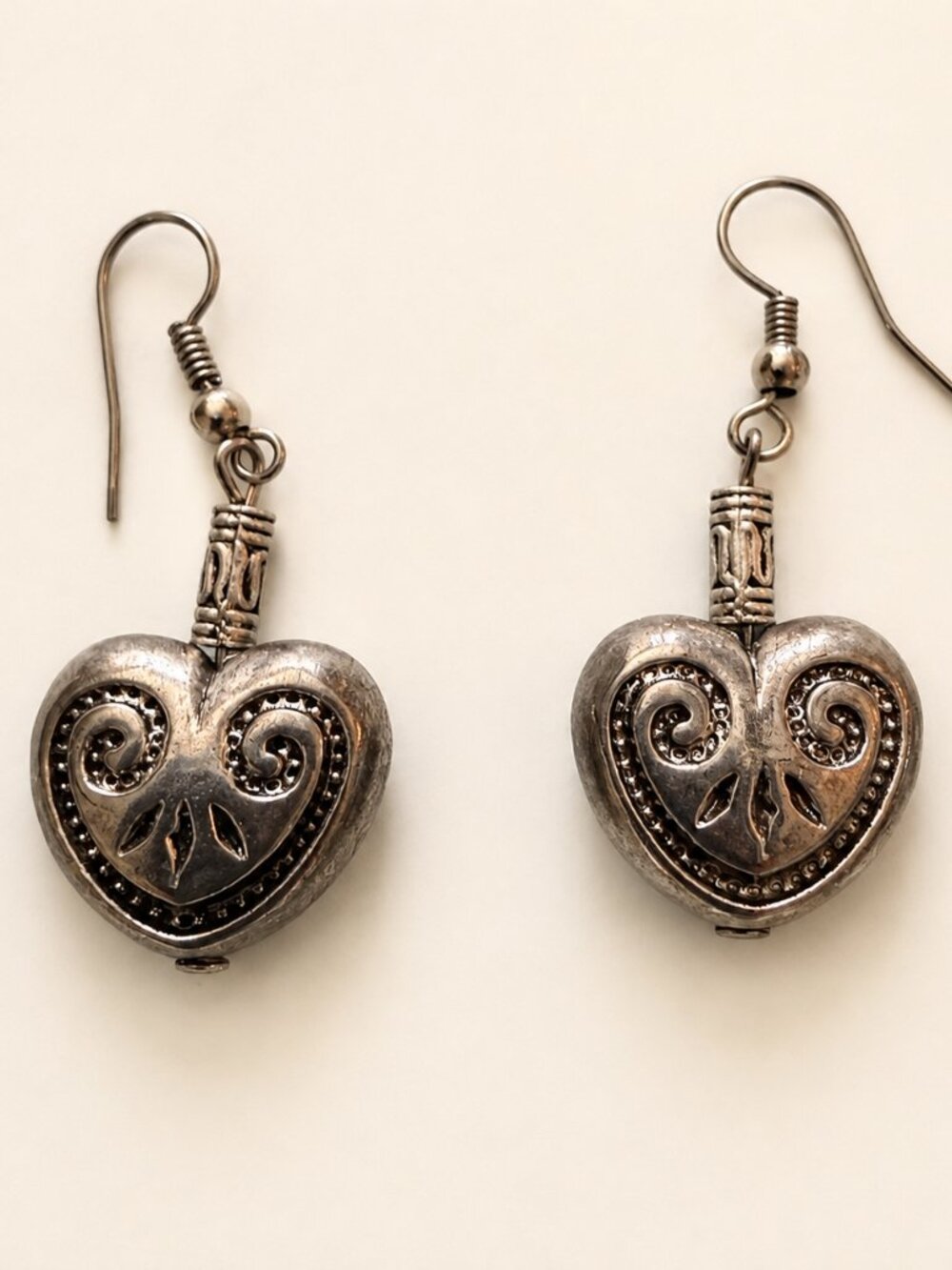 Antiqued Silver Tone Ornate Heart Scroll Dangle Earrings